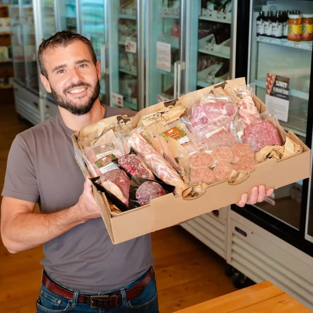 Farm store meat box held at a local meat counter in Massachusetts.