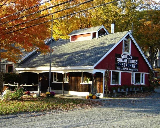 Traditional maple sugarhouse exterior in New Hampshire.