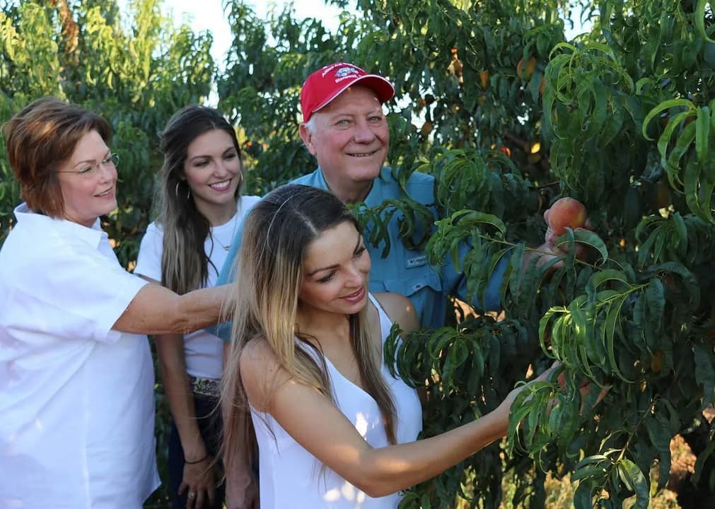 Child reaching for a peach during a family orchard trip in New Hampshire.