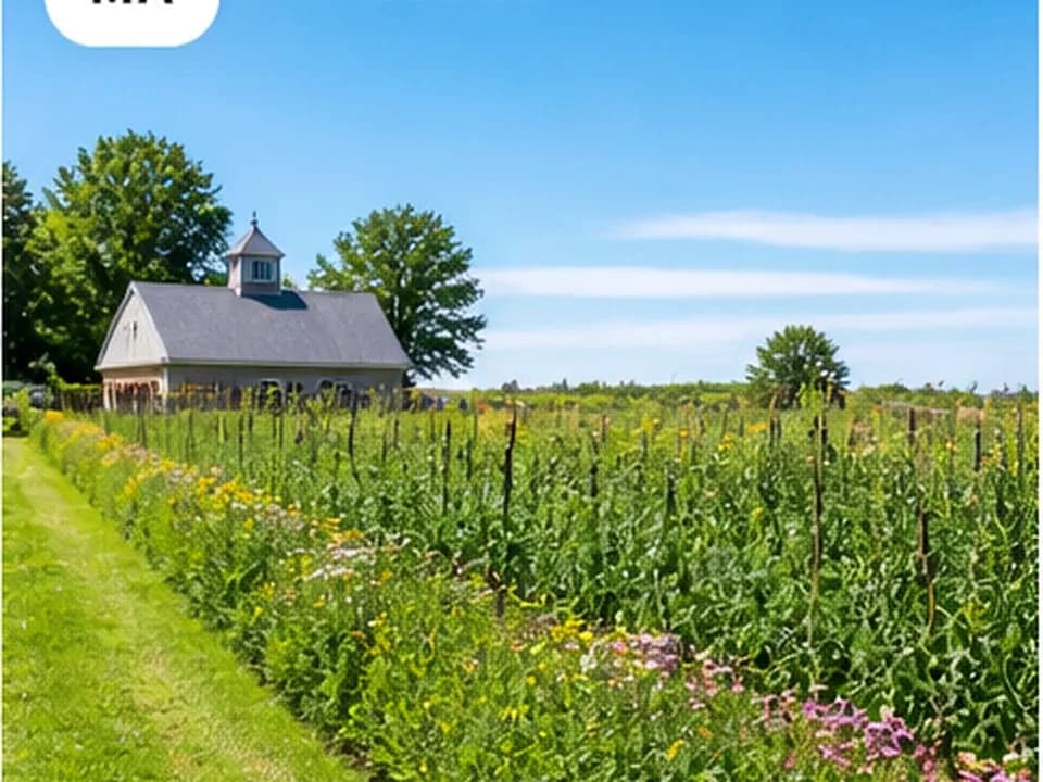 Massachusetts-style farm with a barn, green rows, and late-day light — editorial stock placeholder, not this listing’s property.