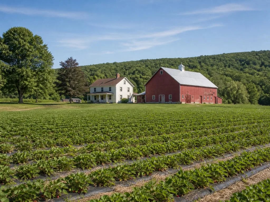 Strawberry rows with a farmhouse and barn, used as representative Connecticut pick-your-own guide imagery.