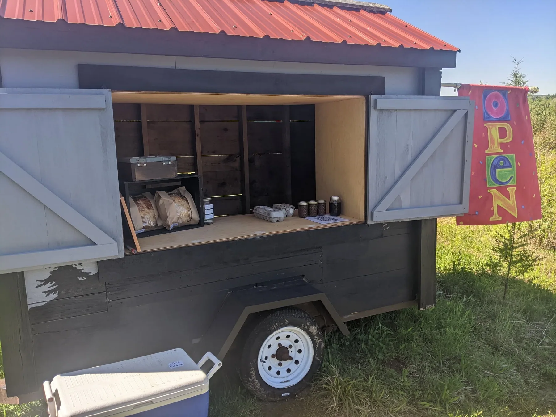 The farm stand trailer at Bald Mountain Farm in Dedham, Maine.
