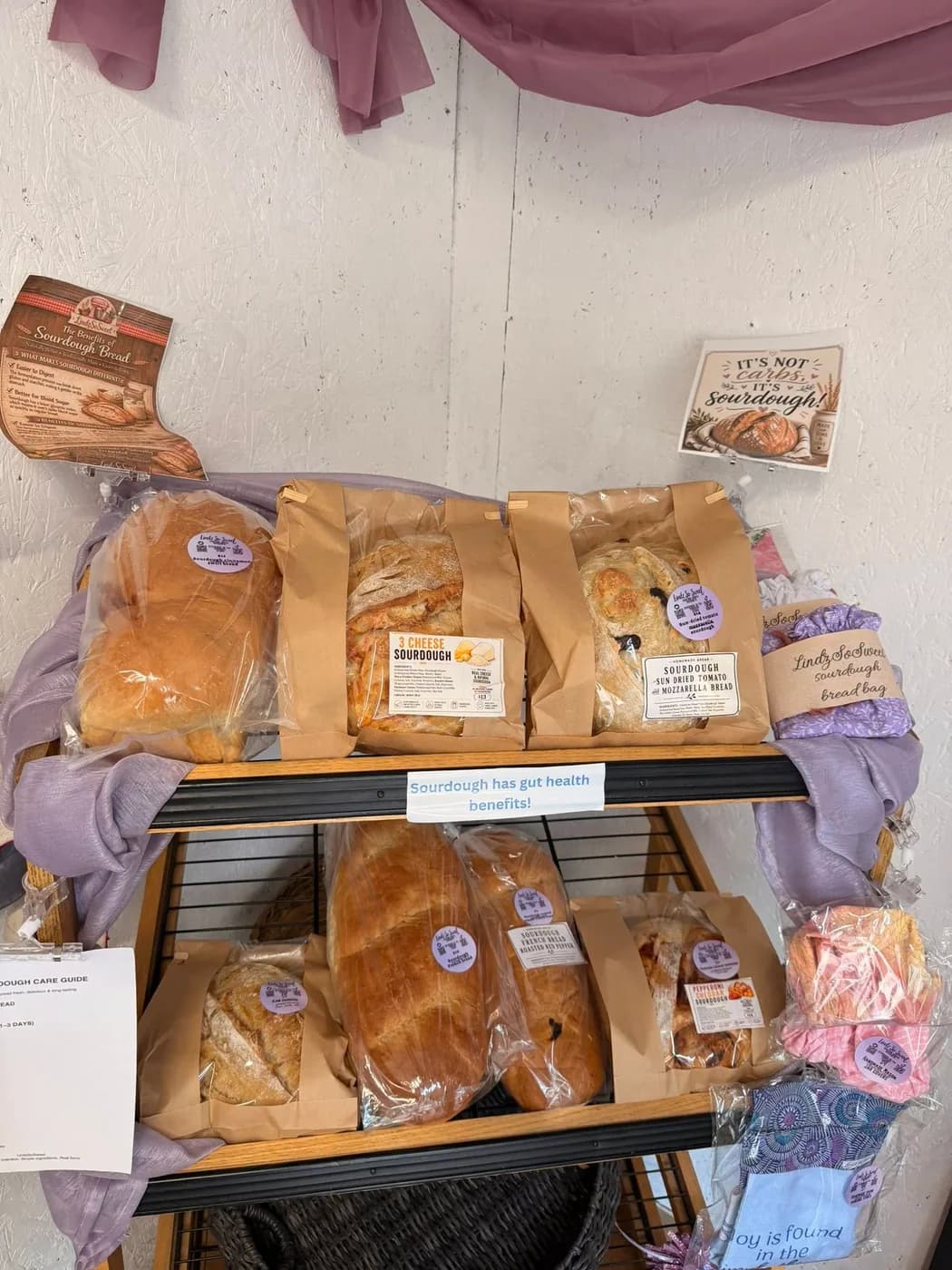 Packaged sourdough breads and baked goods from LindzSoSweet in Augusta, Maine.