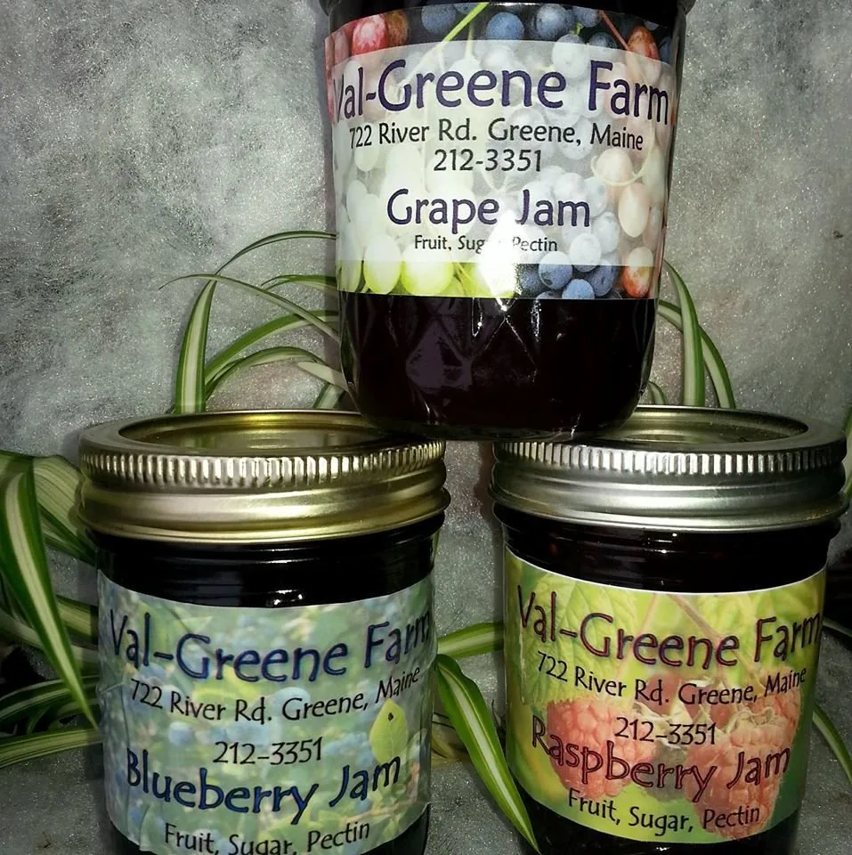 Val to Greene Farm jam jars labeled with the Greene, Maine farm address.